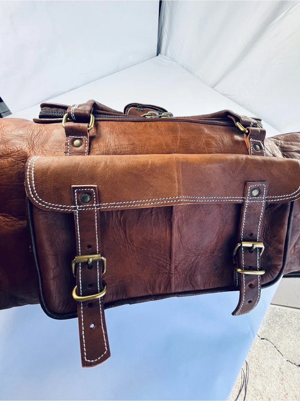 Classic Genuine Brown Leather Traveler Weekender Duffel Bag (Hand Made)